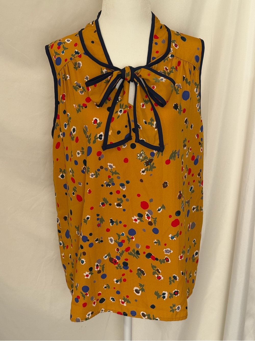 Modcloth Vintage Sleeveless Mustard Bow-Front Floral Print Blouse Top